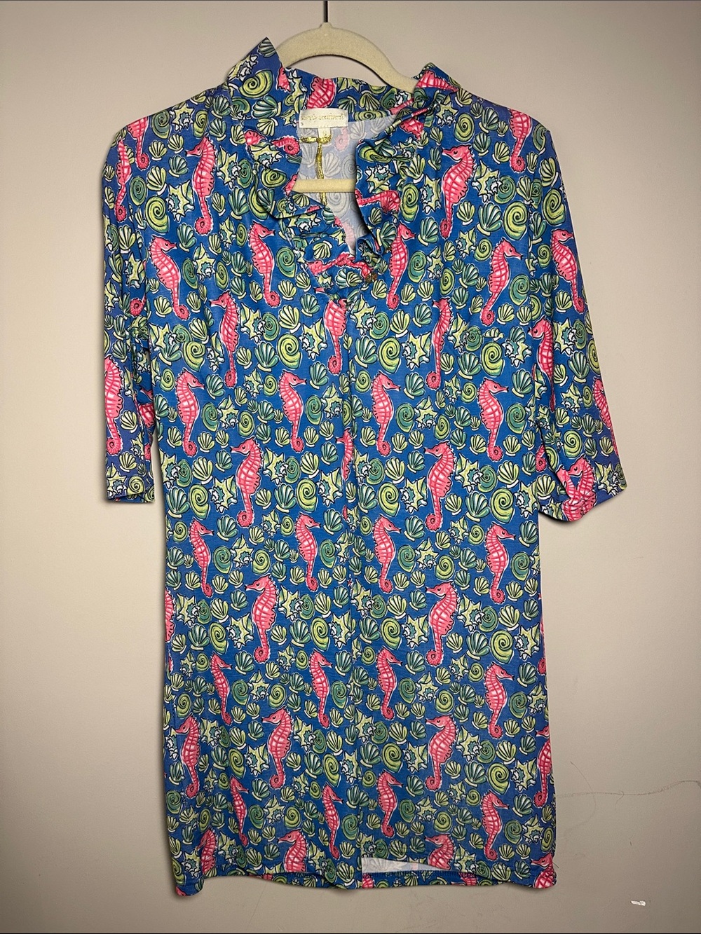 Simply Southern New Blue Tunic Dress with Pink Seahorse and Green Shell Print